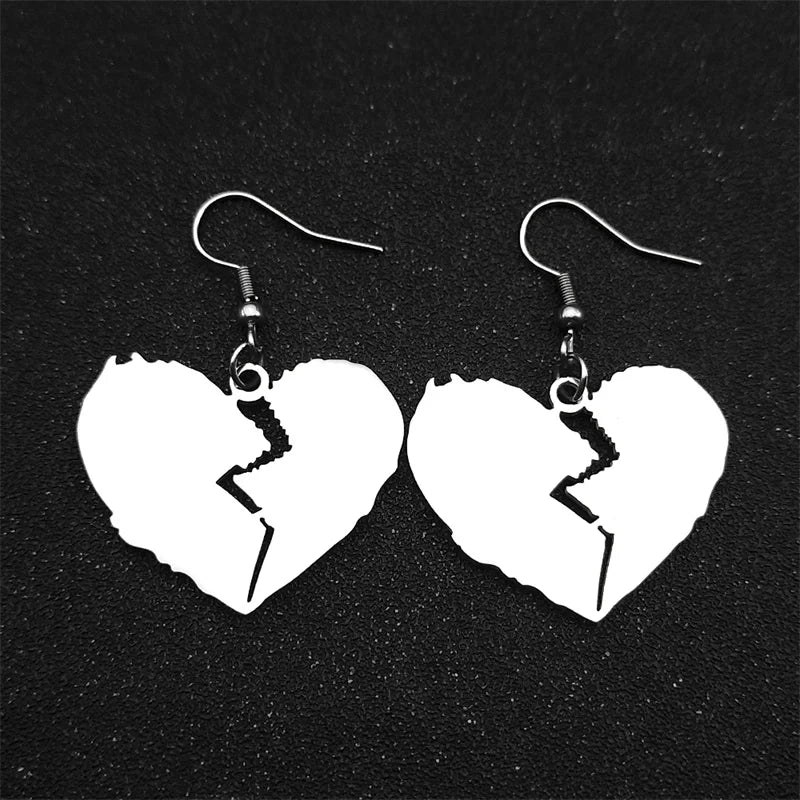 Gothic Style Broken Heart Dangle Earrings for Women Stainless Steel Gold Black Color Cool Girl Charm Party Drop Earrings Jewelry