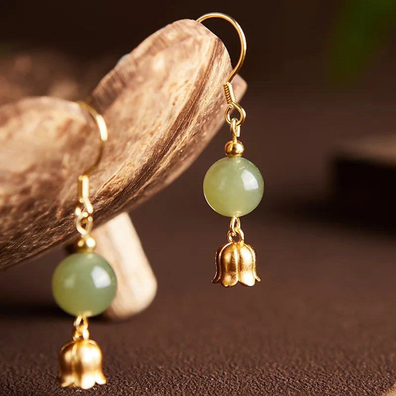 VENTFILLE Hetian Jade Ear Hook Earring Women's High-end Temperament Ethnic Style Retro Earrings Cloisonne Craft Dangler Gift