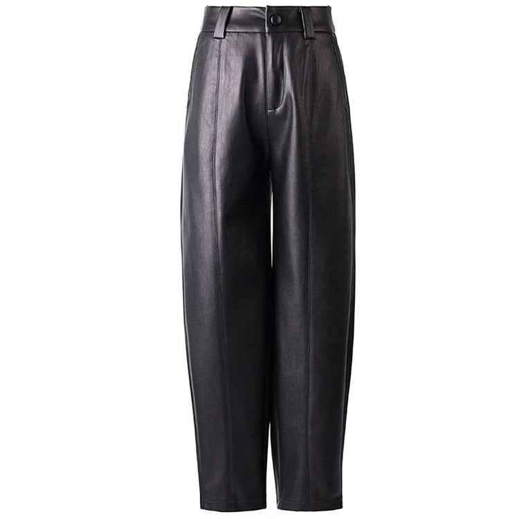 Casual leather pants women in autumn new high waisted loose fitting solid color wide leg nine inch Haren balloon pants