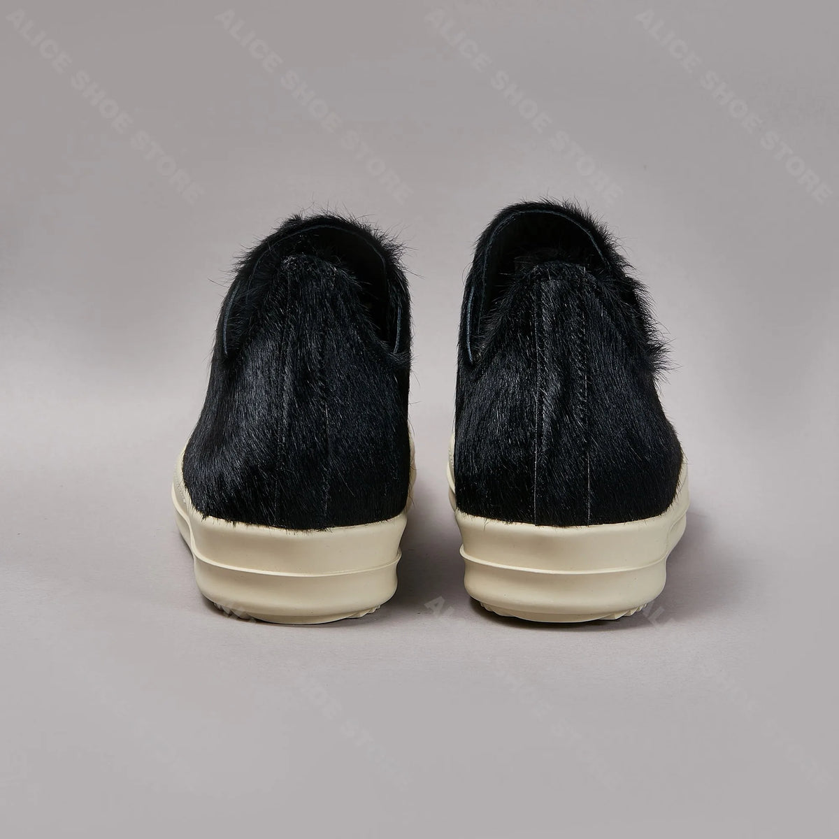 PENDRA Dark Fur Black Horsehair Leather Low-Top Lace-Up Thick-Sole Sneakers