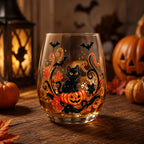 Halloween Pumpkin Scarecrow Whiskey Glass Stemless Tumbler with Crow Sticker Design for Party Drinkware Gift