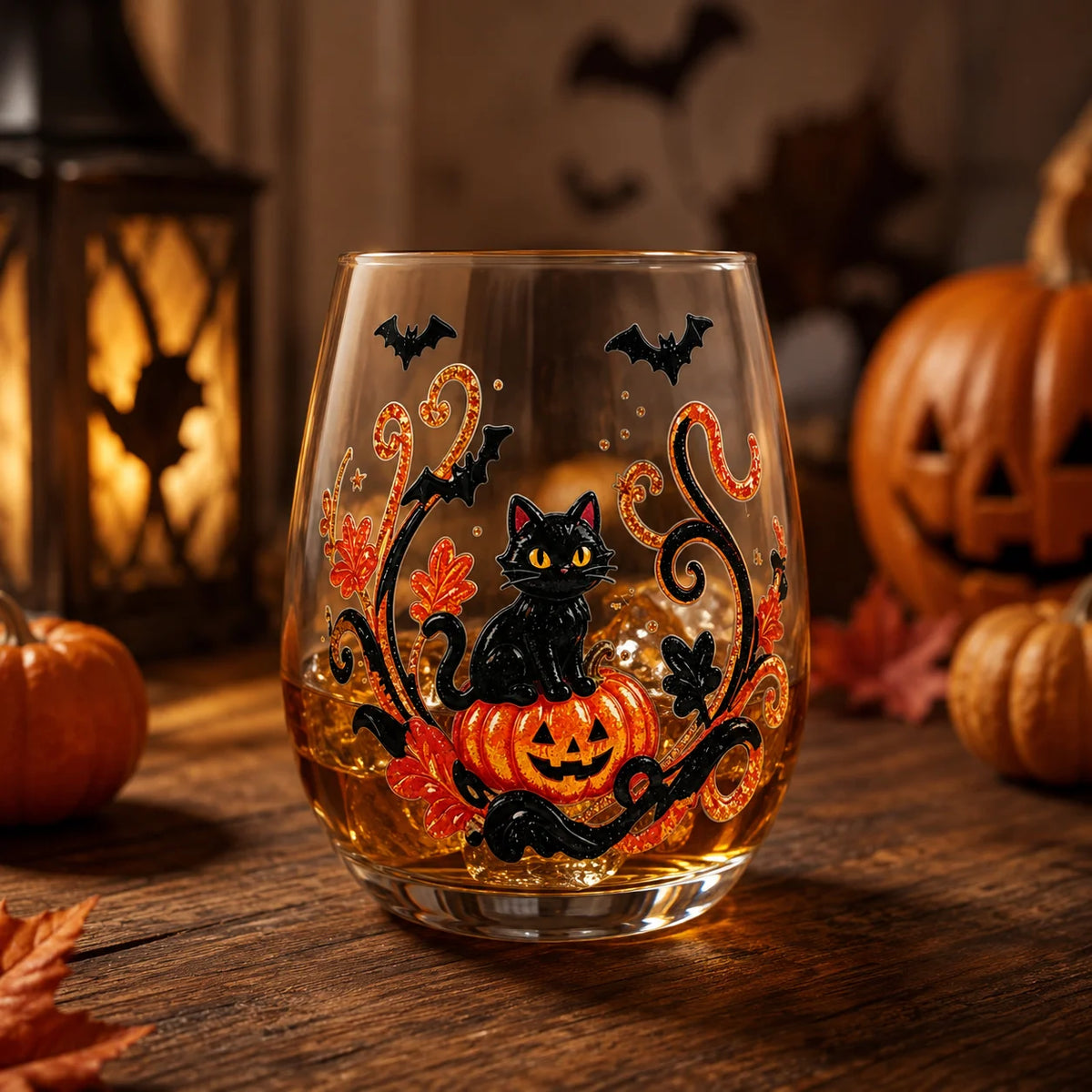 Halloween Pumpkin Scarecrow Whiskey Glass Stemless Tumbler with Crow Sticker Design for Party Drinkware Gift
