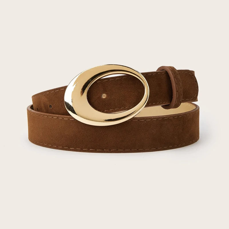 Simple Fashion Oval Golden Buckle Suede Leather Belt 2.8cm Width Women Belt For Jeans Luxury Designer Dress Coat Brown Waistband