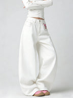 Women's White Embroidered High-Waist Loose Wide-Leg Jeans Y2K Street Trend Comfortable Everyday Versatile All-Season Pants