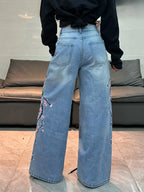 American Vintage Floral Embroidery Design Blue Baggy Jeans Women Y2K Street Fashion Trendy Versatile Comfortable Wide-Leg Pants