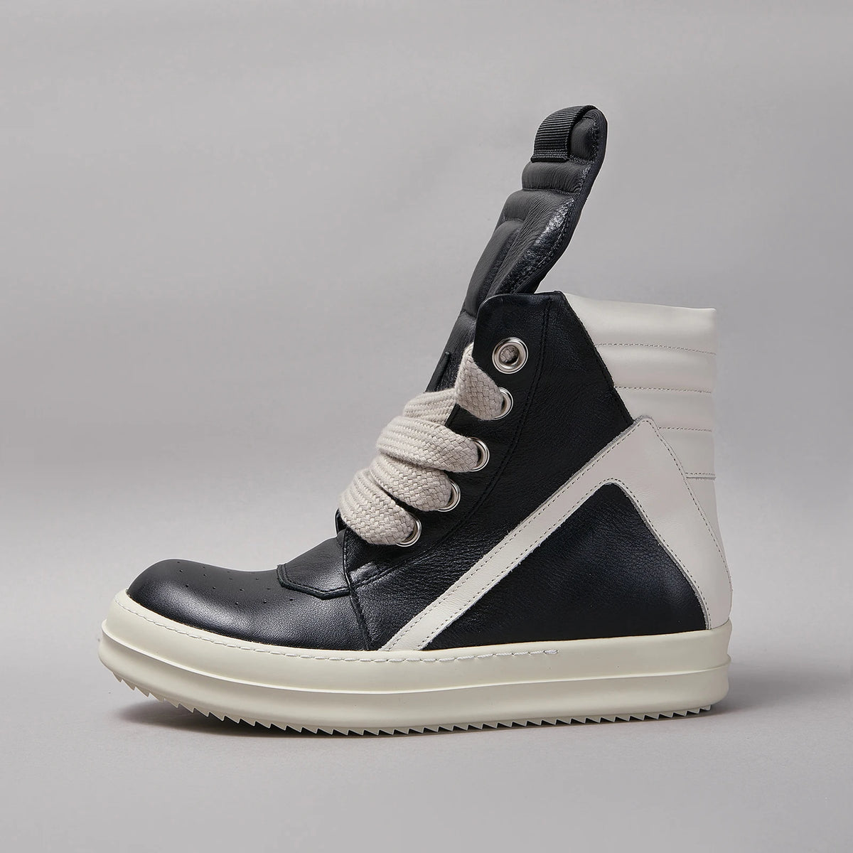 PENDRA Black Geobasket Black Leather High-Top Zip Jumbo-Lace Edition 2 Ankle Boots