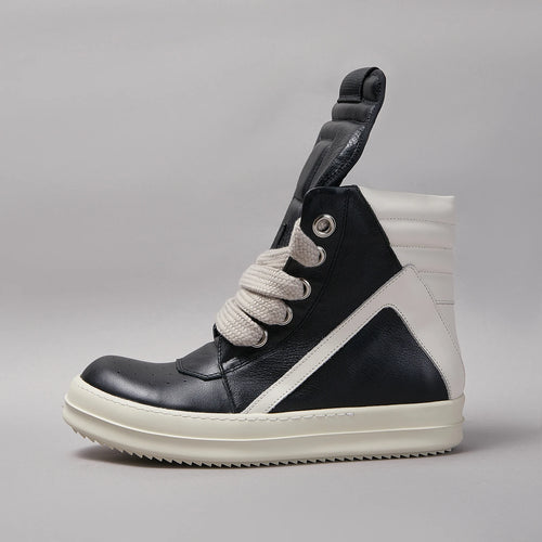 PENDRA Black Geobasket Black Leather High-Top Zip Jumbo-Lace Edition 2 Ankle Boots