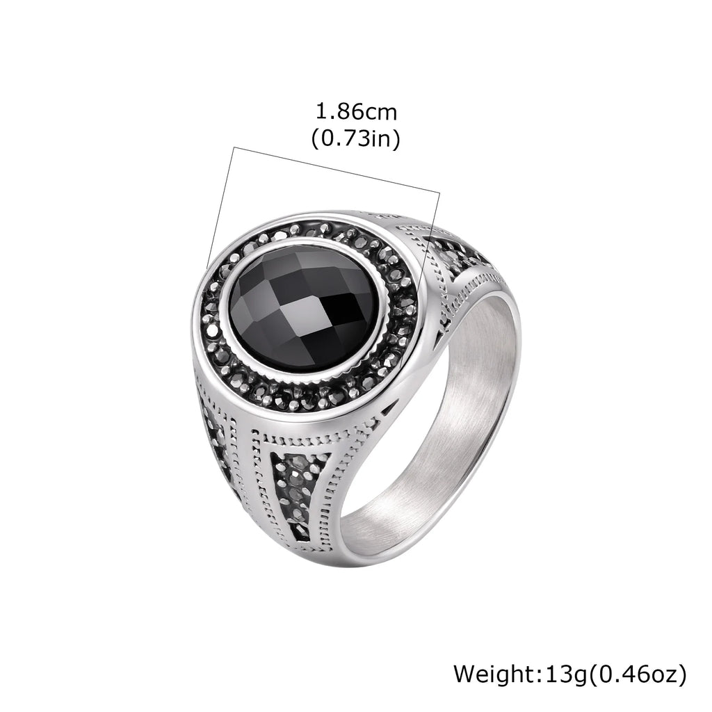 Stylish Faceted Black Stone Ring for Men,Waterproof Stainless Steel Oval Ring,Birthday Party Gift for Him Dad