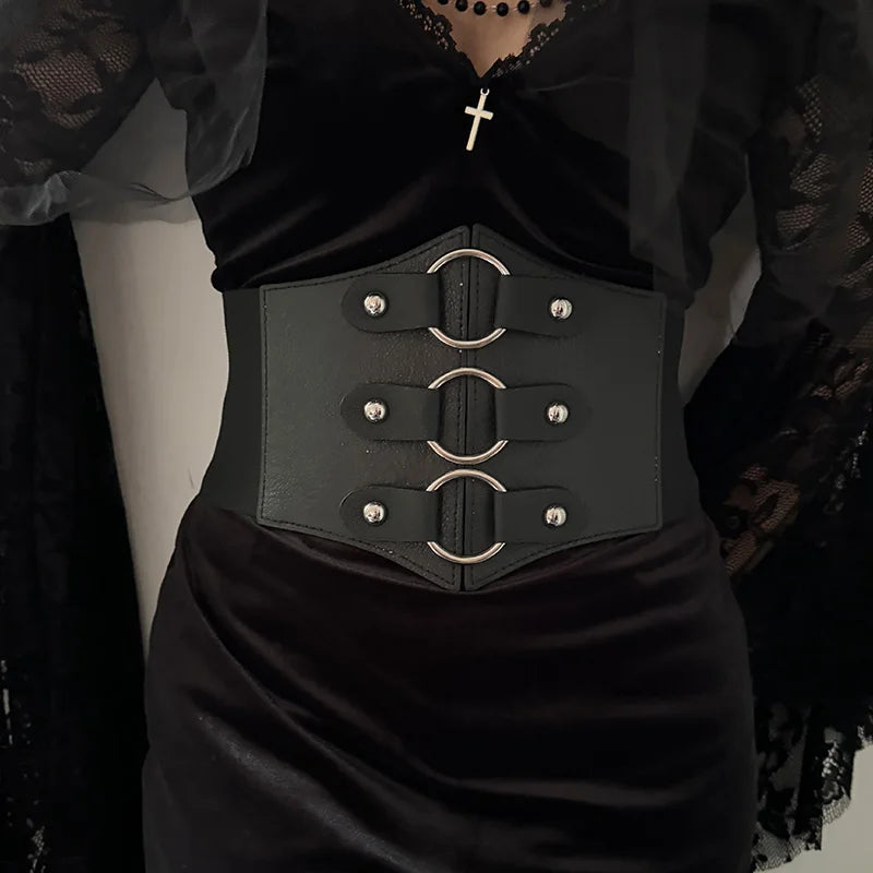 Gothic Triple Buckle with Black Rivet Corset Belts Female Studded Elastic Waspie Waistband Punk Coat Dress Belt For Women