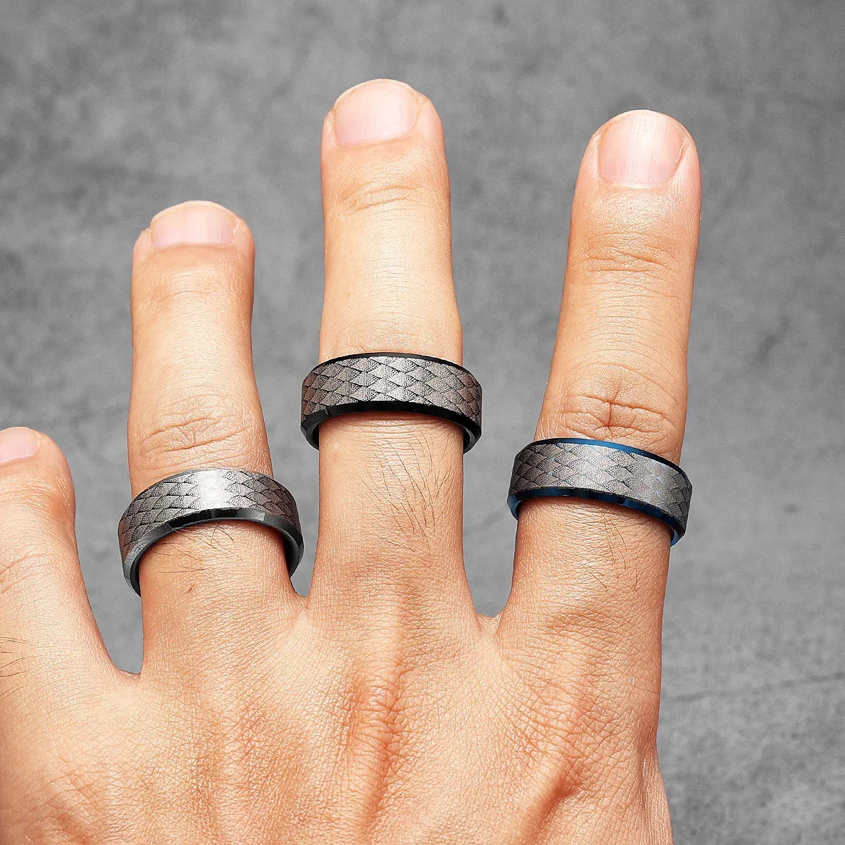 Fish Scale Pattern Luxury Laser Engrave Tungsten Steel Men Rings Punk Rock Women Wedding Jewelry Accessories Gift Wholesale