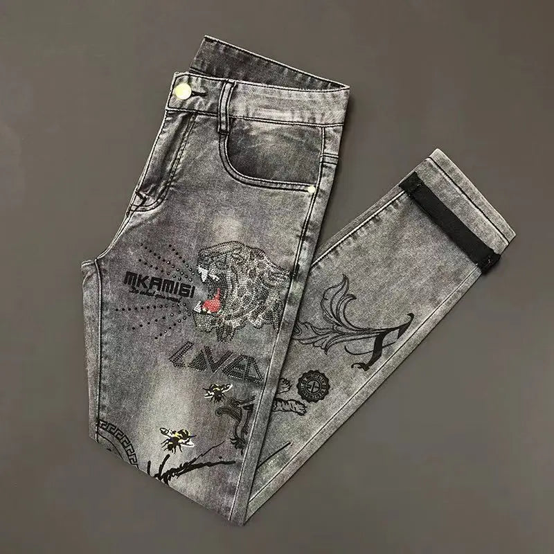 High-end Hot Diamond Jeans Men's Spring and Autumn Tide Brand Slim-fitting Small Feet Tiger Print Gray Casual Men Trousers Man