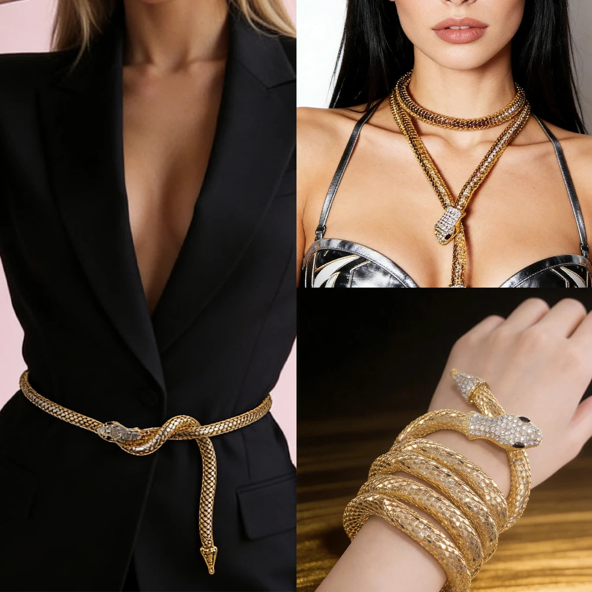 Snake Collar Necklace Rhinestone Flexible Twisty Multi-Purpose Necklace Bracelets Punk Gothic Chain Belt Jewelry for Women Gift