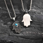 Vintage Fatima Hand Necklace for Men Boys,Stainless Steel Hexagram Turquoise Pendant,Punk Jewelry Gift