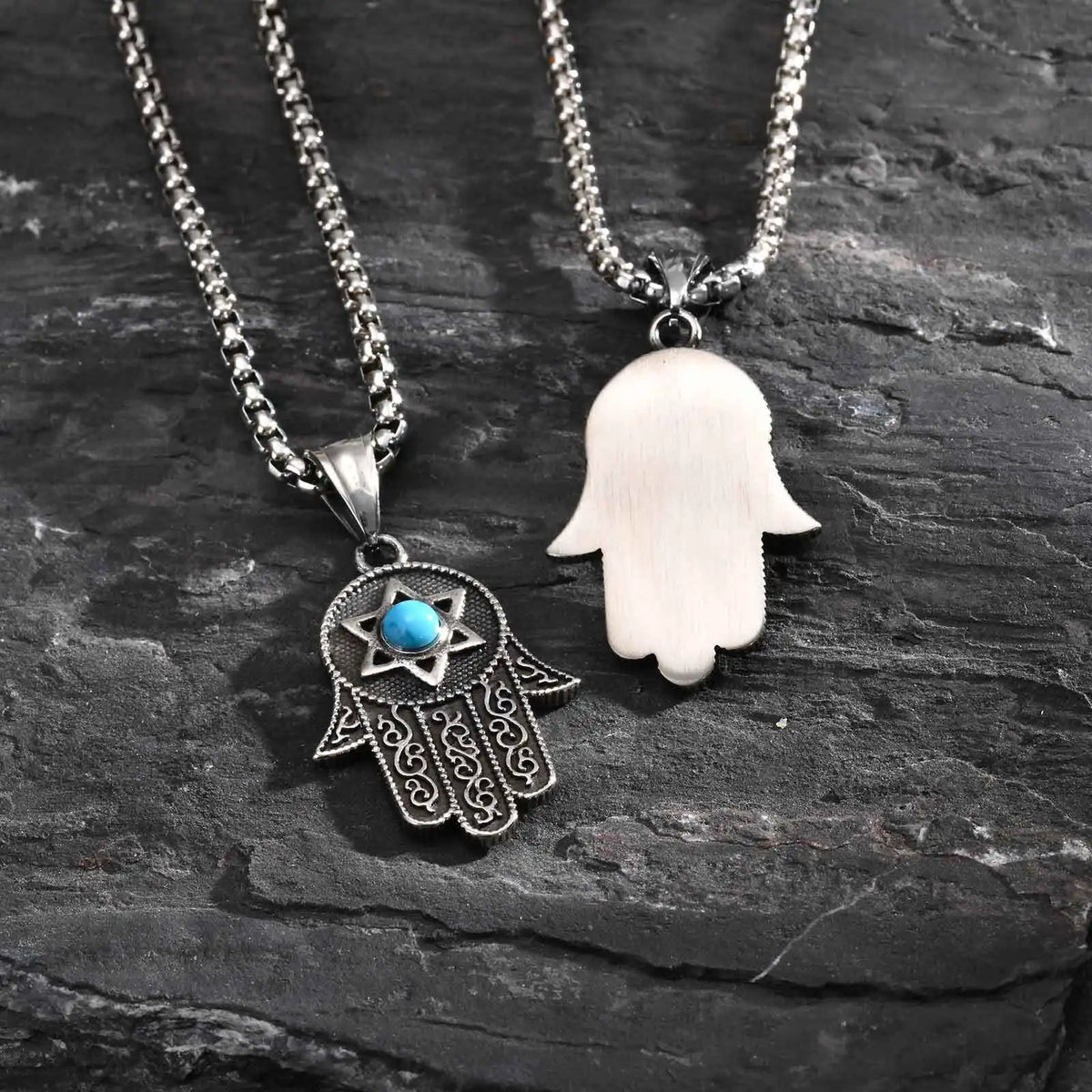 Vintage Fatima Hand Necklace for Men Boys,Stainless Steel Hexagram Turquoise Pendant,Punk Jewelry Gift