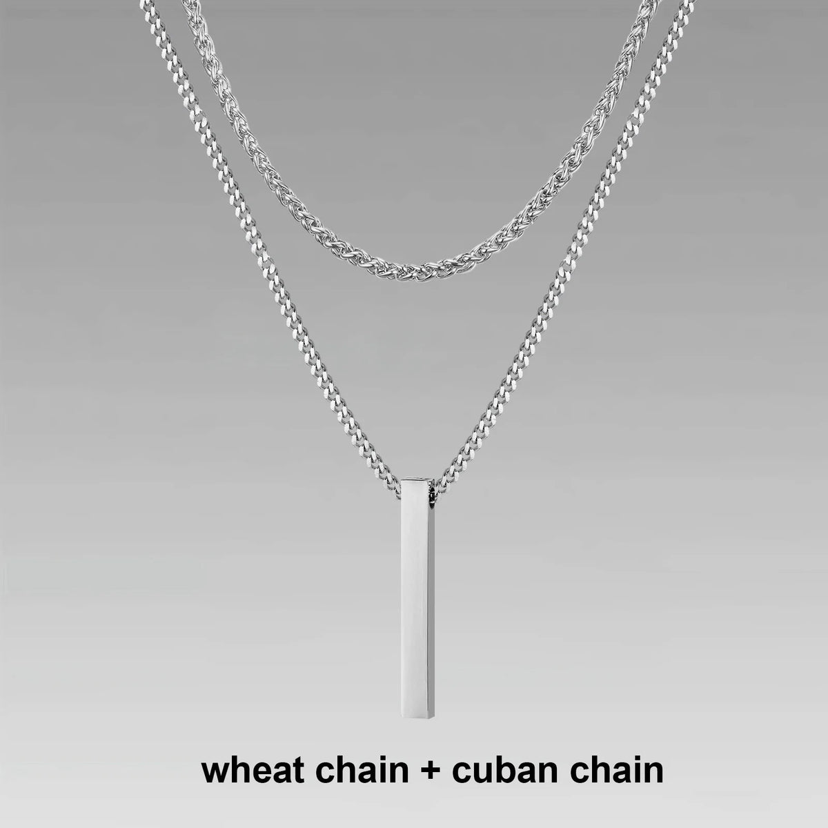 Mens Vertical Bar Necklaces,Stacking Stainless Steel Geometric Pendant with Wheat Rope Cuban Chain,Male Jewelry Gift