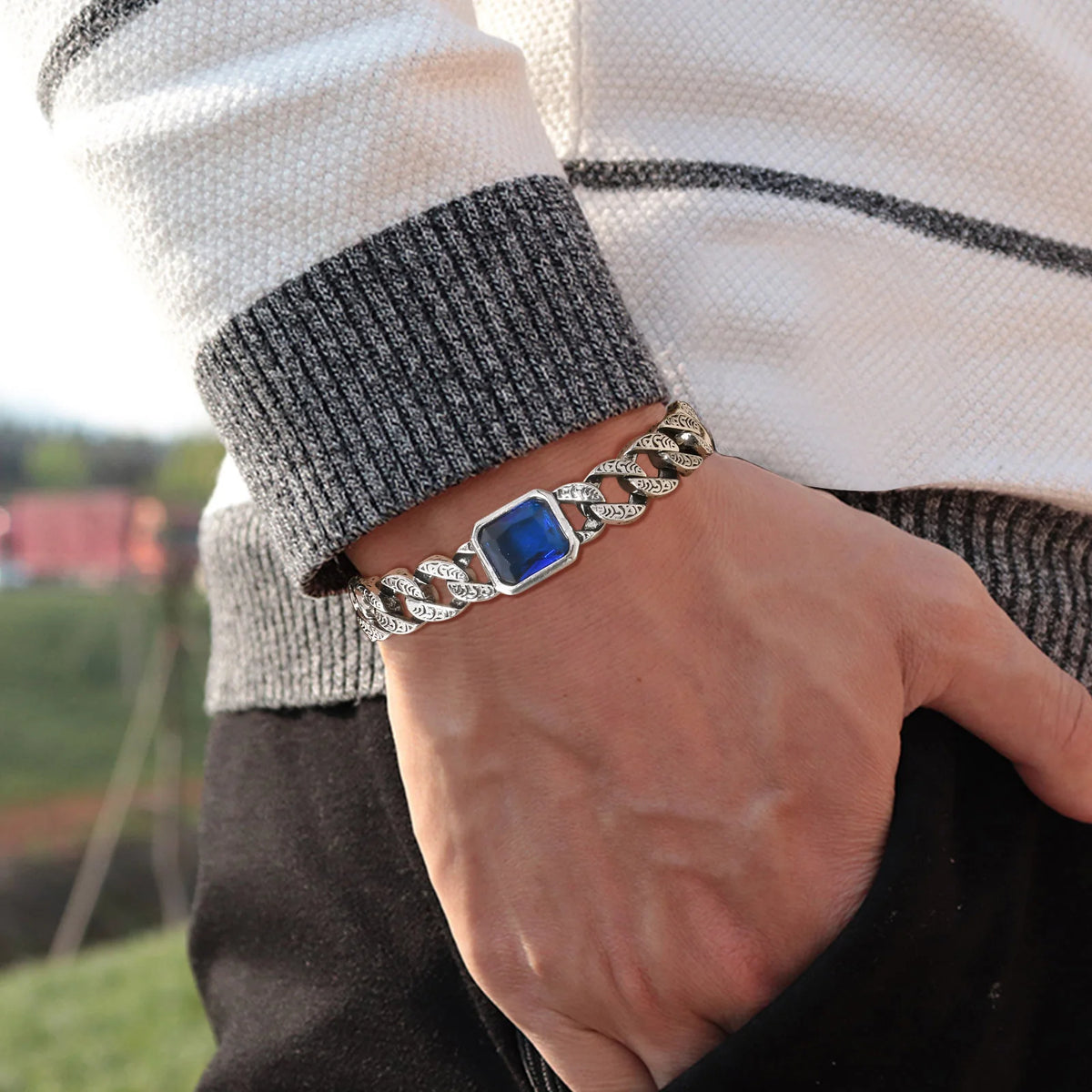Chunky Cuban Chain Bracelets for Men Boys,Embossed Stainless Steel Chain Link Wristband with Blue Stone,Retro Jewelry Gift
