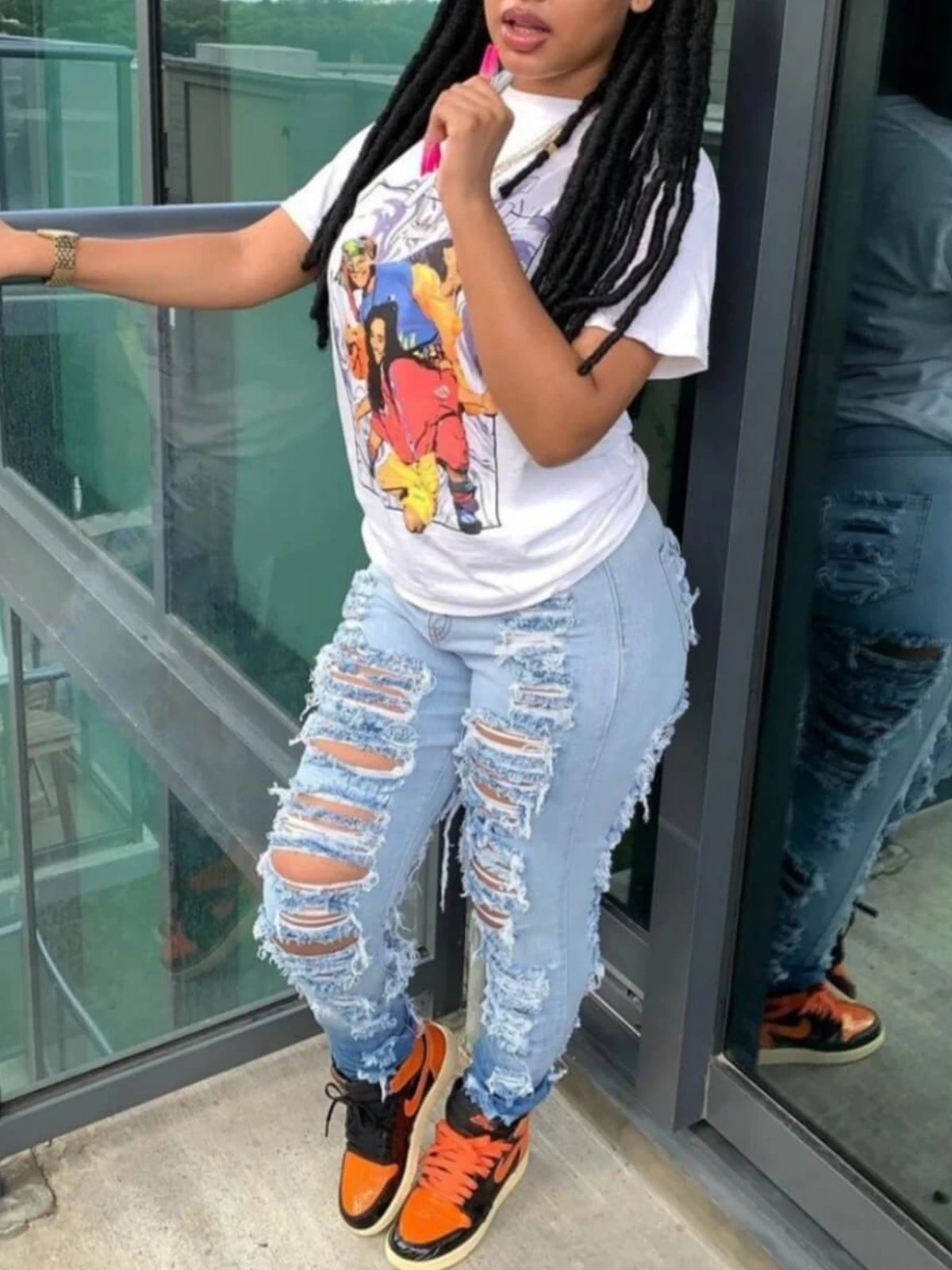 PENDRA Ripped Waist Stretch Jeans