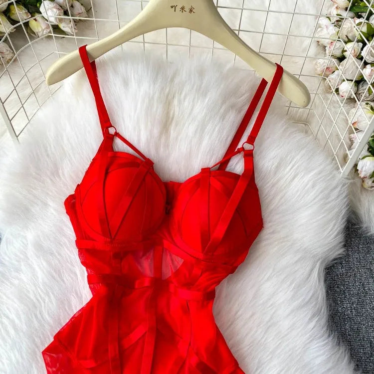 Sexy spicy girl with chest cushion jumpsuit women's summer new see through mesh slimming sexy niche design camisole vest