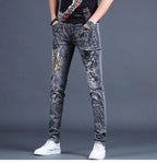 Spring and Autumn 2025 New Men's Jeans Gray Trendy Tiger Head Hot Diamond Printing Slim-fit Small Feet Trousers Men's Clothing