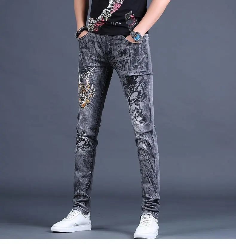 Spring and Autumn 2025 New Men's Jeans Gray Trendy Tiger Head Hot Diamond Printing Slim-fit Small Feet Trousers Men's Clothing