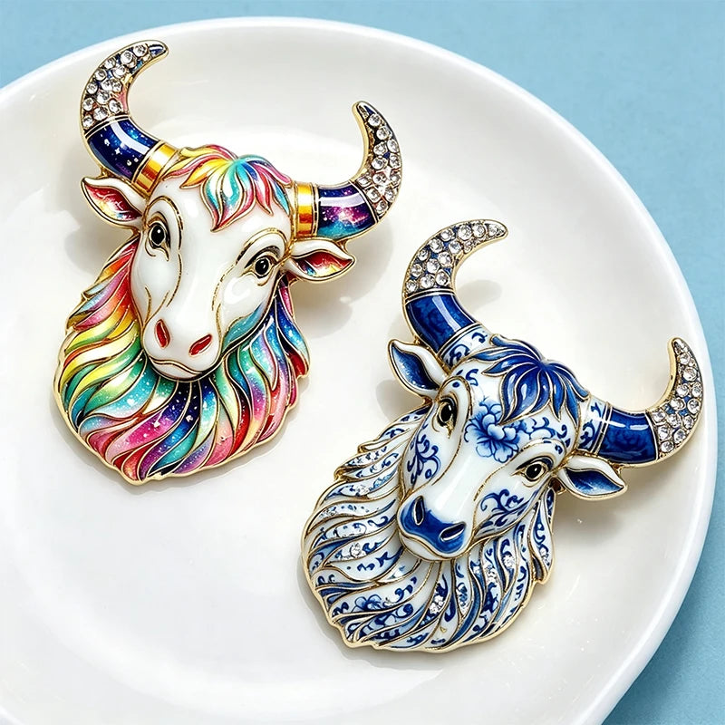 PENDRA Taurus Crest Rhinestone Bull Brooch
