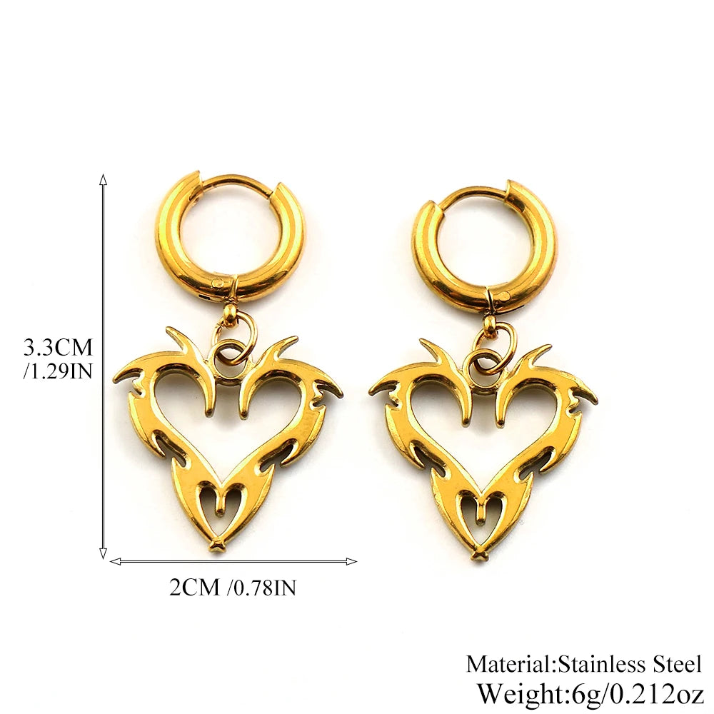 Y2K Thorn Flame Hoop Earrings Stainless Steel Korean Heart Unisex Punk Charm Grunge Ear Jewelry Goth Party Streetwear Gift