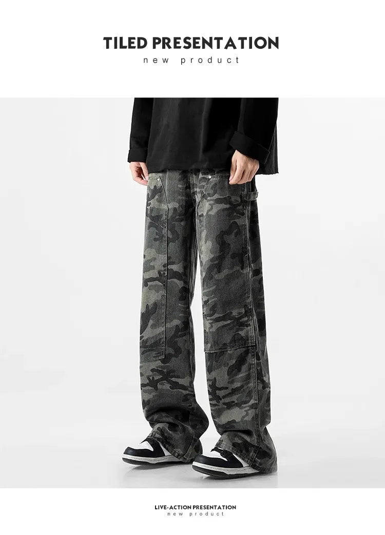 Camouflage Tooling Jeans Autumn New High Street Retro Loose Straight Wide Leg Baggy Trousers Cargo Pants Men Low Rise Jeans