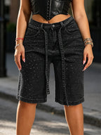 New Summer Women's Rhinestone-embellished, Loose-fitting Straight-leg Cropped Jeans, Includes a Belt, Comfortable Fit, Summer outfits for women