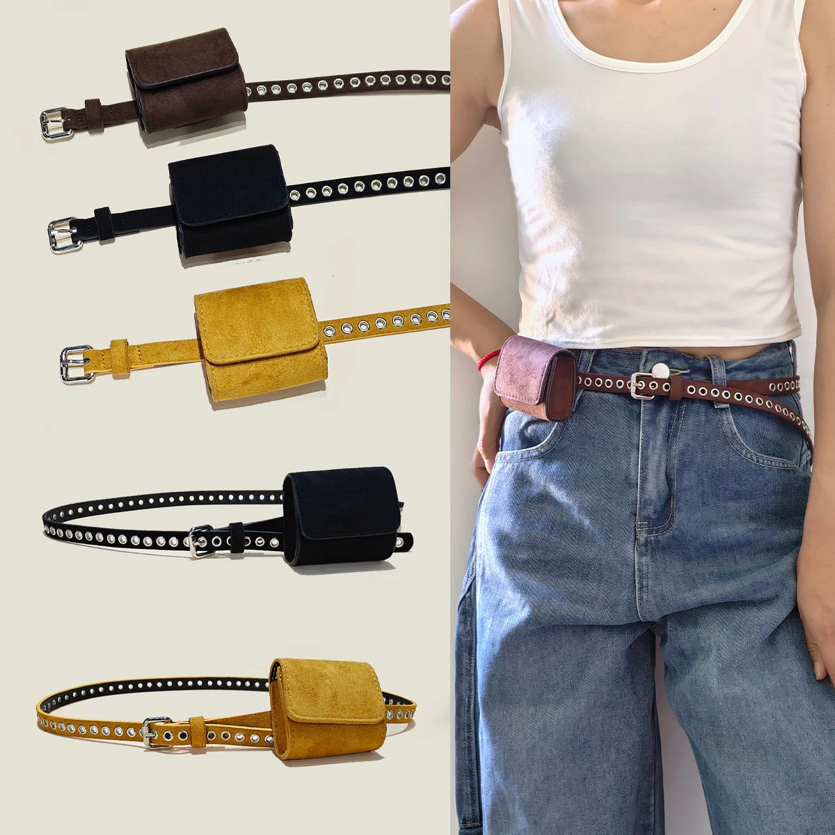 Suede Leather Chain Waist Bag Shoulder Strap WOMEN'S Belt Bag Waist Wallet Fashion Waist Bag Detachable Play Waist Belt