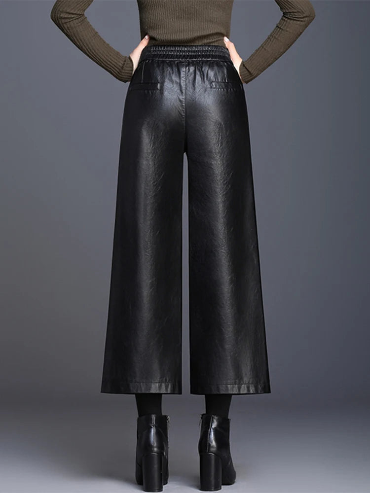 Women's solid color nine cropped wide leg pants autumn and winter loose thick fashionable and versatile commute pants
