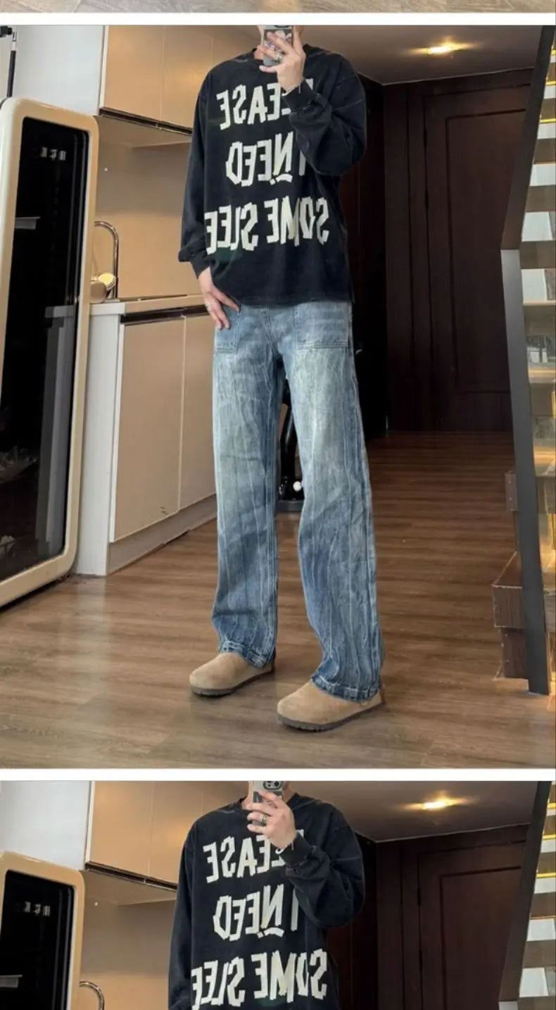 Washed Cracked Jeans Men's Spring 2026 American High Street Pants Slim Pants Mens Clothing Baggy Cowboy Man Pants baggy jeans