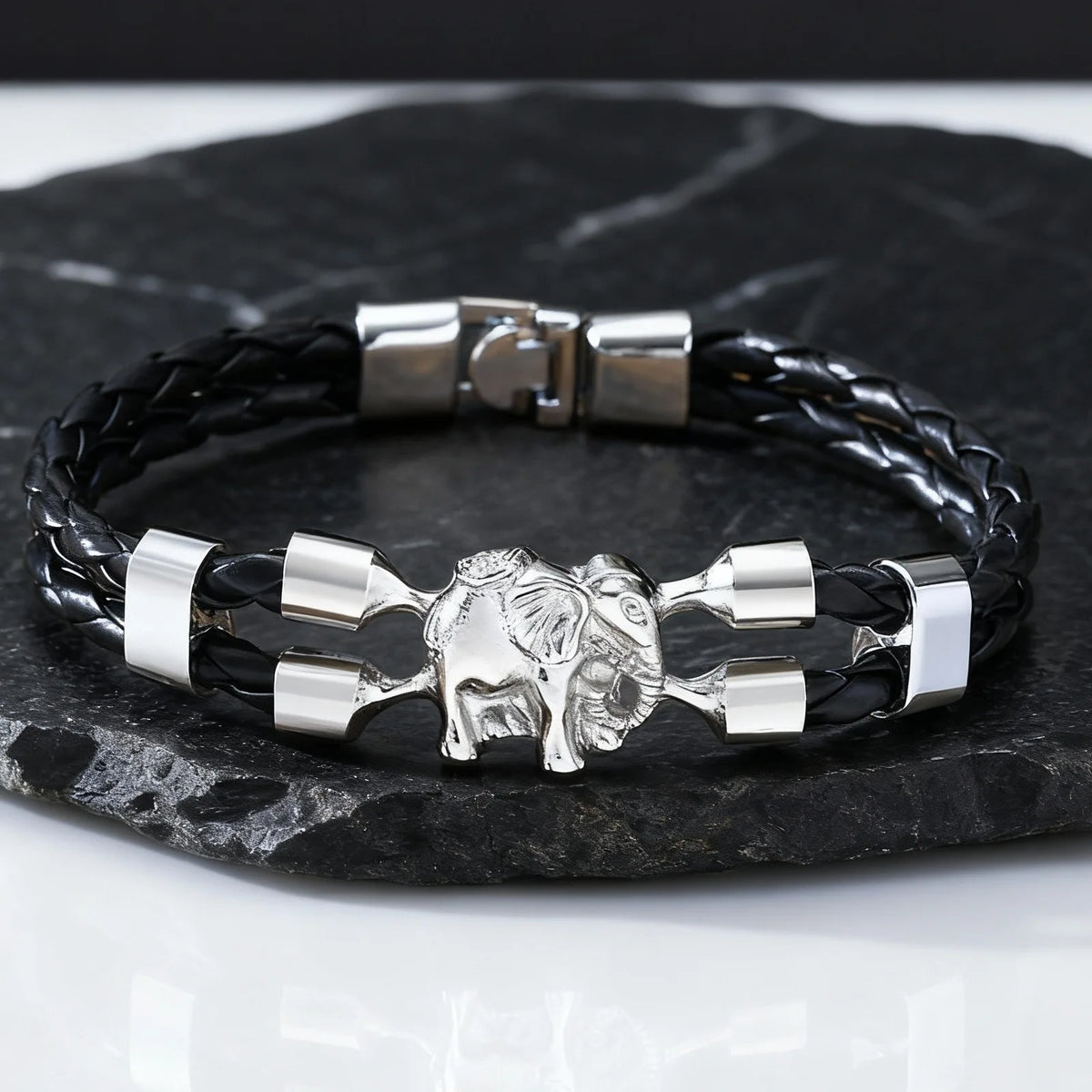 Vintage Elephant Black Leather Bracelet for Men,Trendy Elephant Charms Wristband Gift,An Elephant Never Forgets