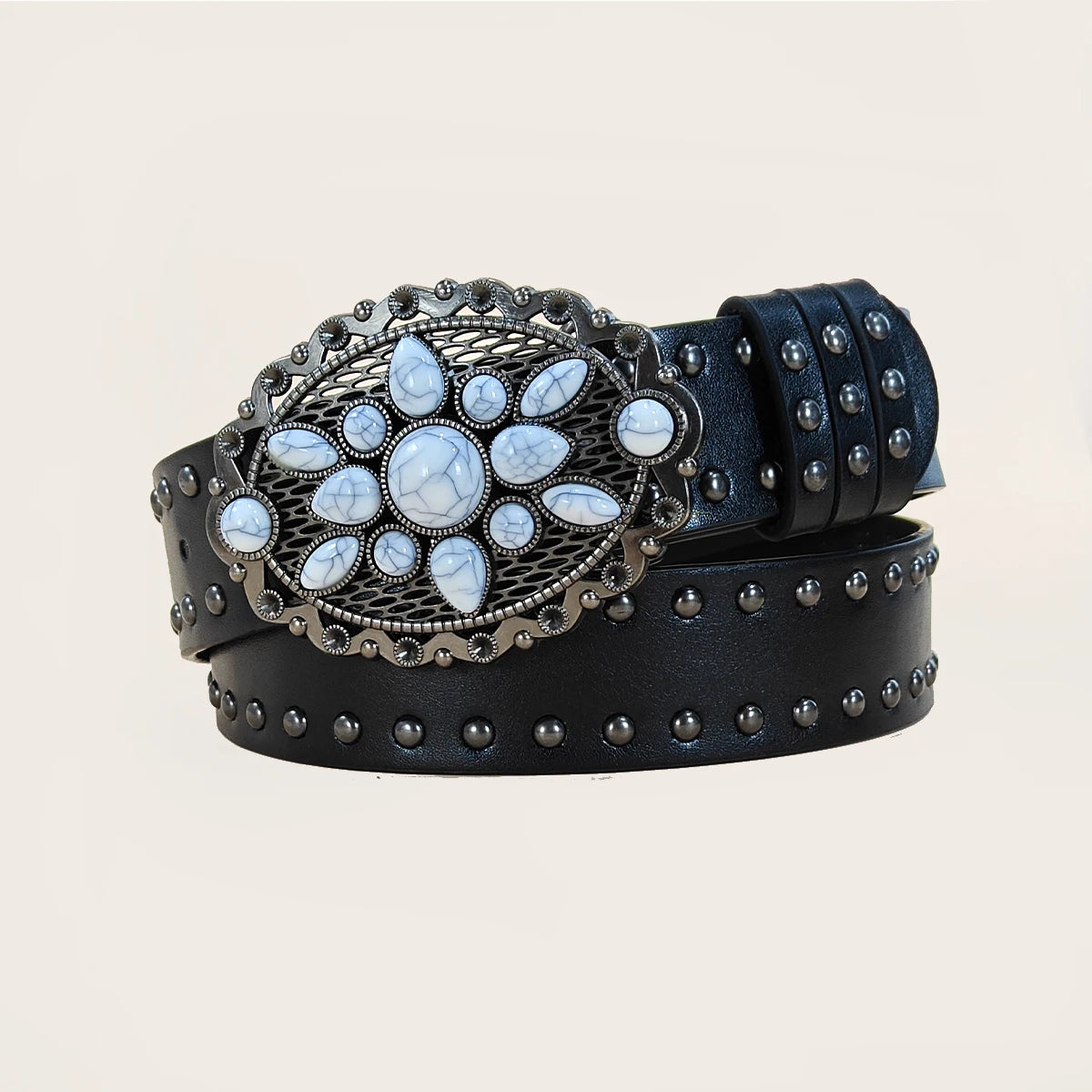 Men and Women's Casual Punk Rivet Belt Western Style PU Leather Belt with Turquoise Buckle for Daily Work Wear Gothic Jeans Belt