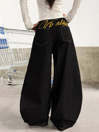 American Retro Star And Letter Embroidery Black Baggy Cocoon Pants  Women Y2K Street Trendy Fashion Versatile Wide-Leg Pants
