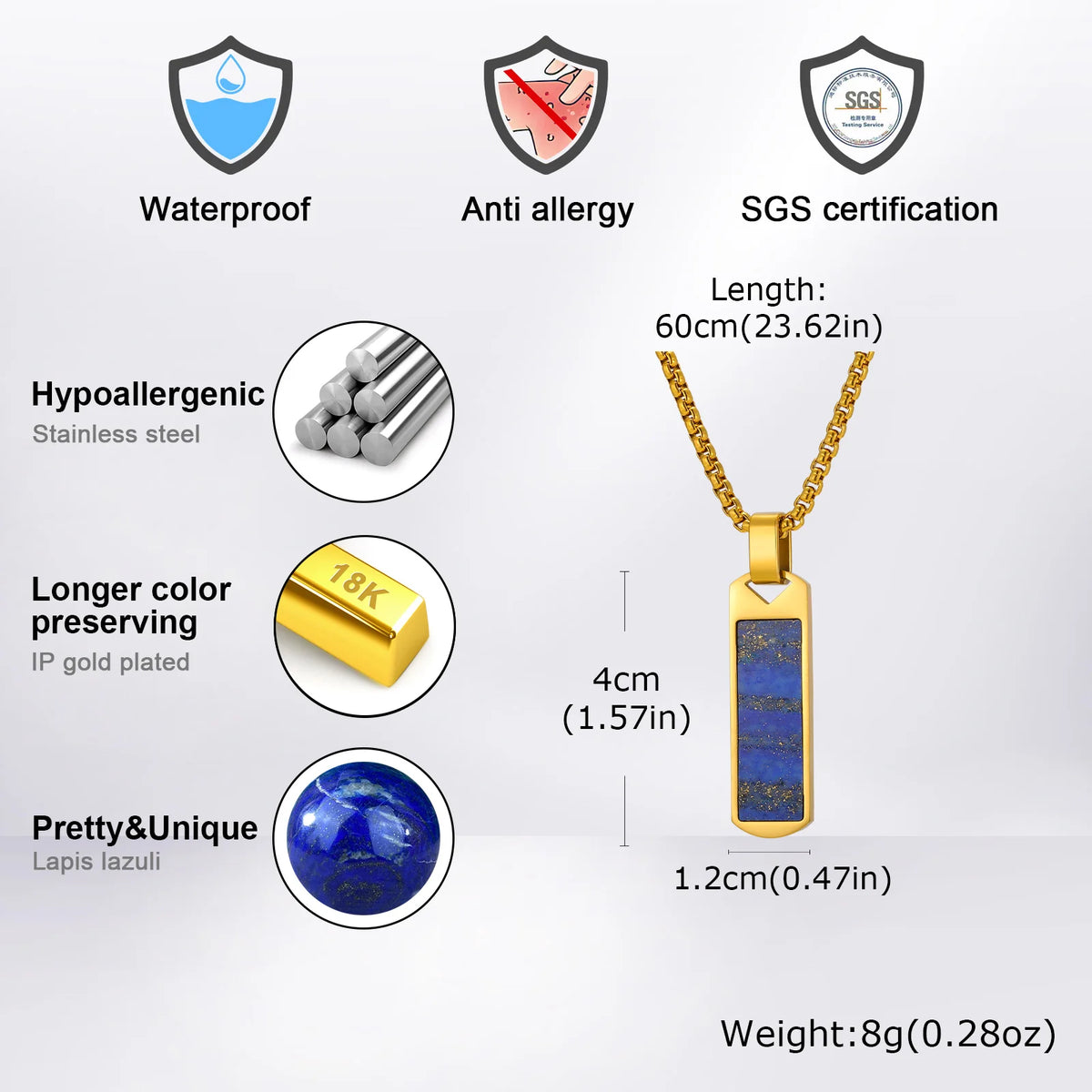 Lapis Lazuli Rectangular Pendant Necklace for Men,Stainless Steel Blue Natural Stone Pendant,Dainty Male  Jewelry Gift