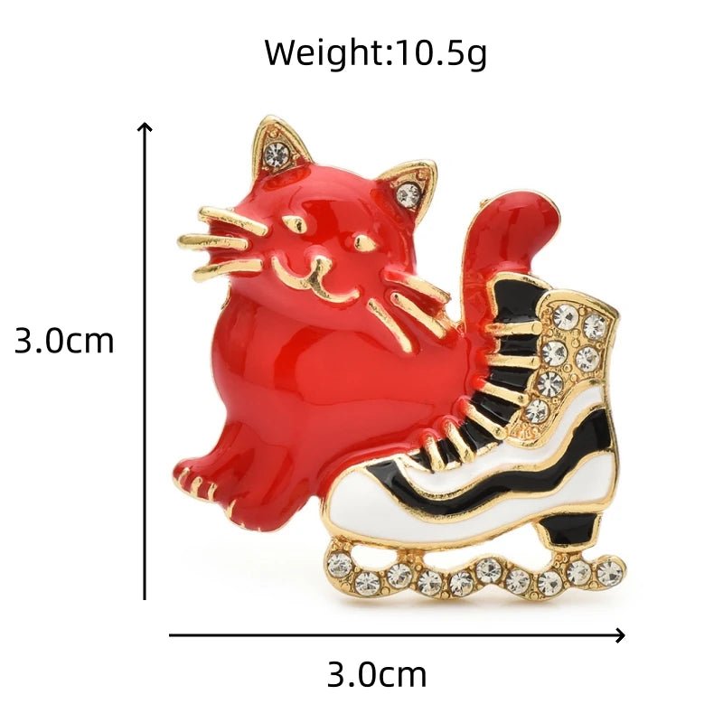 Wuli&baby Cat And Ice-skate Shoes Brooches For Women Unisex 3-color Enamel Winter Skating Shoe New Year Brooch Pins Gifts