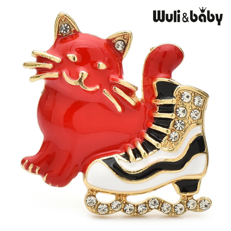 Wuli&baby Cat And Ice-skate Shoes Brooches For Women Unisex 3-color Enamel Winter Skating Shoe New Year Brooch Pins Gifts