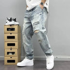 2026 Washed Light Blue Ripped Jeans Men's Straight High Street Trendy Brand Ragged Beggar Pants Large Size Trousers Cargo Pants
