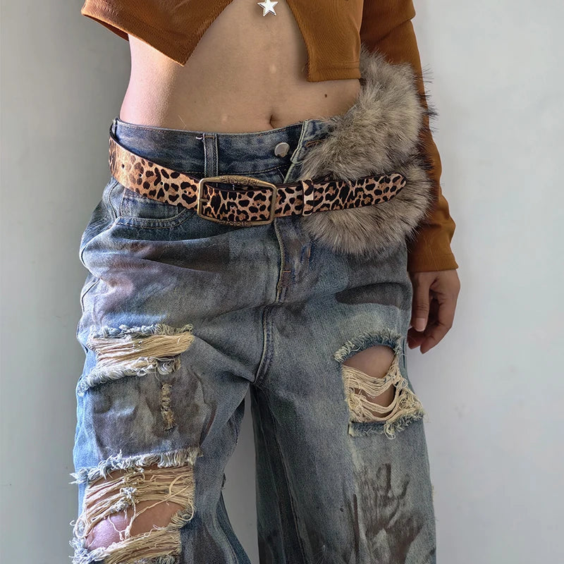 Retro Punk Style Furry Belt For Women Niche Y2k leopard print Belt For Skirts And Jeans American Western Cowboy Waistband
