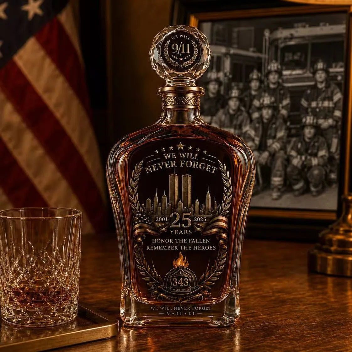 Patriotic 9/11 Memorial Glass Decanter 350mL 25th Anniversary Tribute Liquor Bottle Decorative Collectible Keepsake Gift