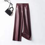 Autumn new high waisted leather pants women straight leg loose and fashionable versatile commuting solid color trousers