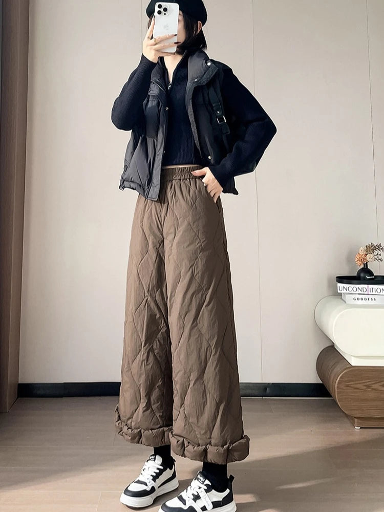 Elastic waist design down pants women winter cold resistant and warm high waist loose hanging casual straight leg pants