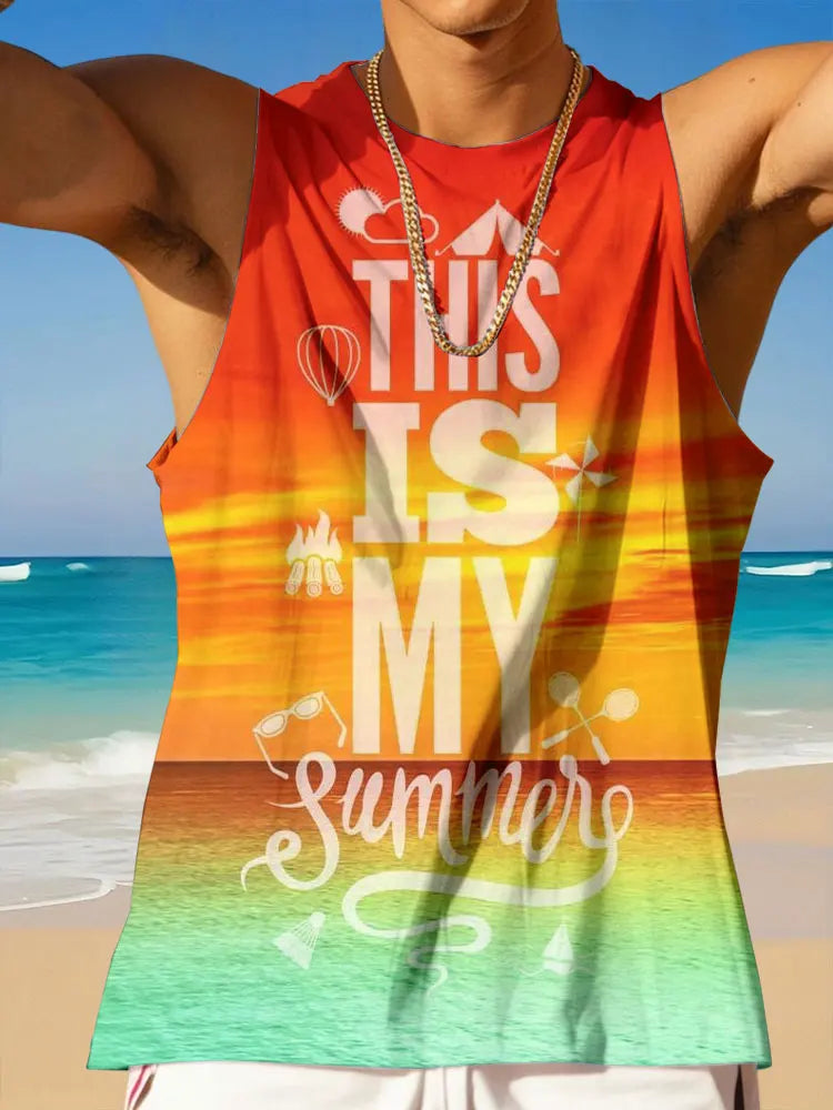 Summer Casual Everyday Sleeveless Top For Men Men's Crew Neck Tank Top With Hawaiian Print Men's Outdoor Beach Fashion Tank Top