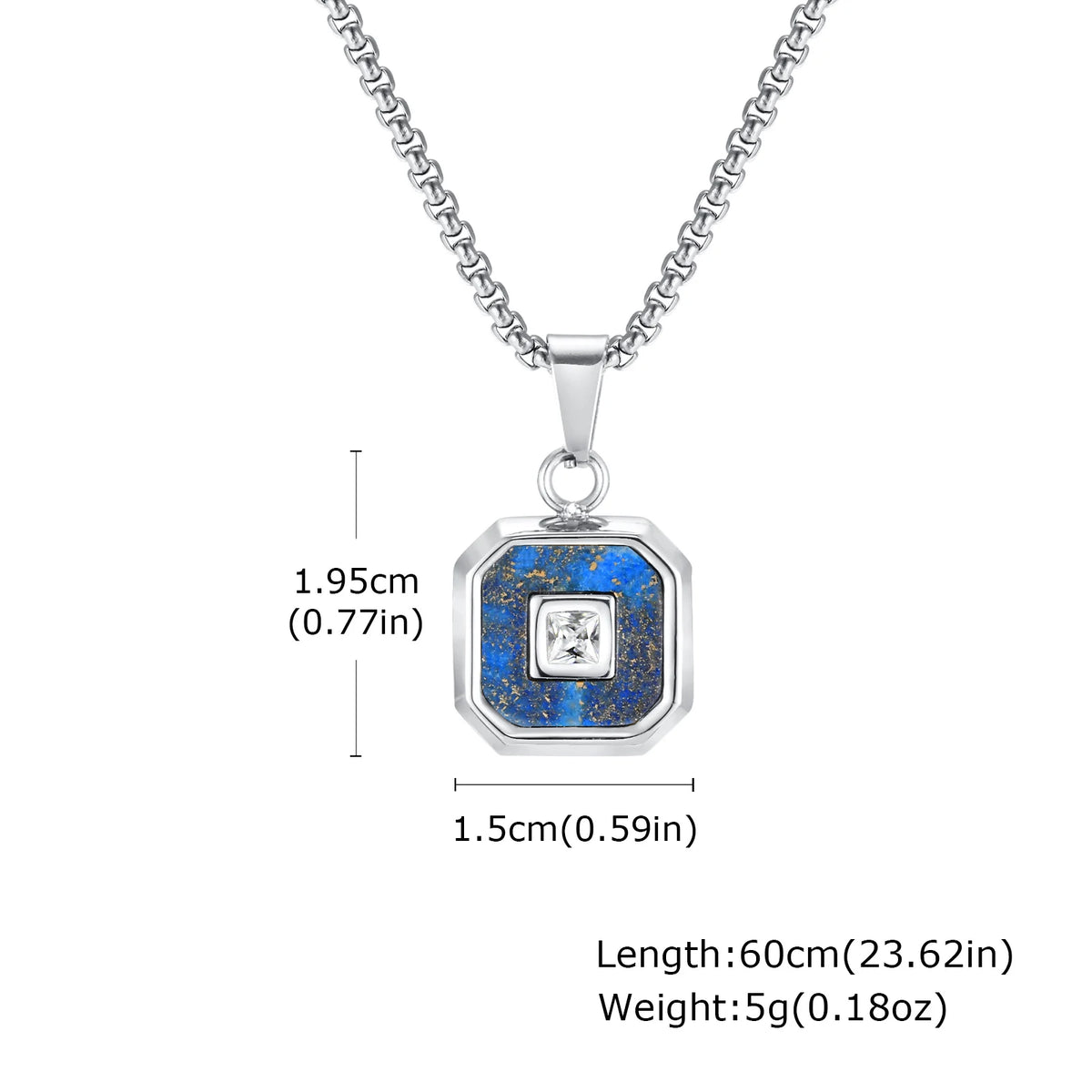 Stylish Square Pendant Necklaces for Men,Small Geometric Natural Stone Stainless Steel Pendant,Center Zircon Collars Gift