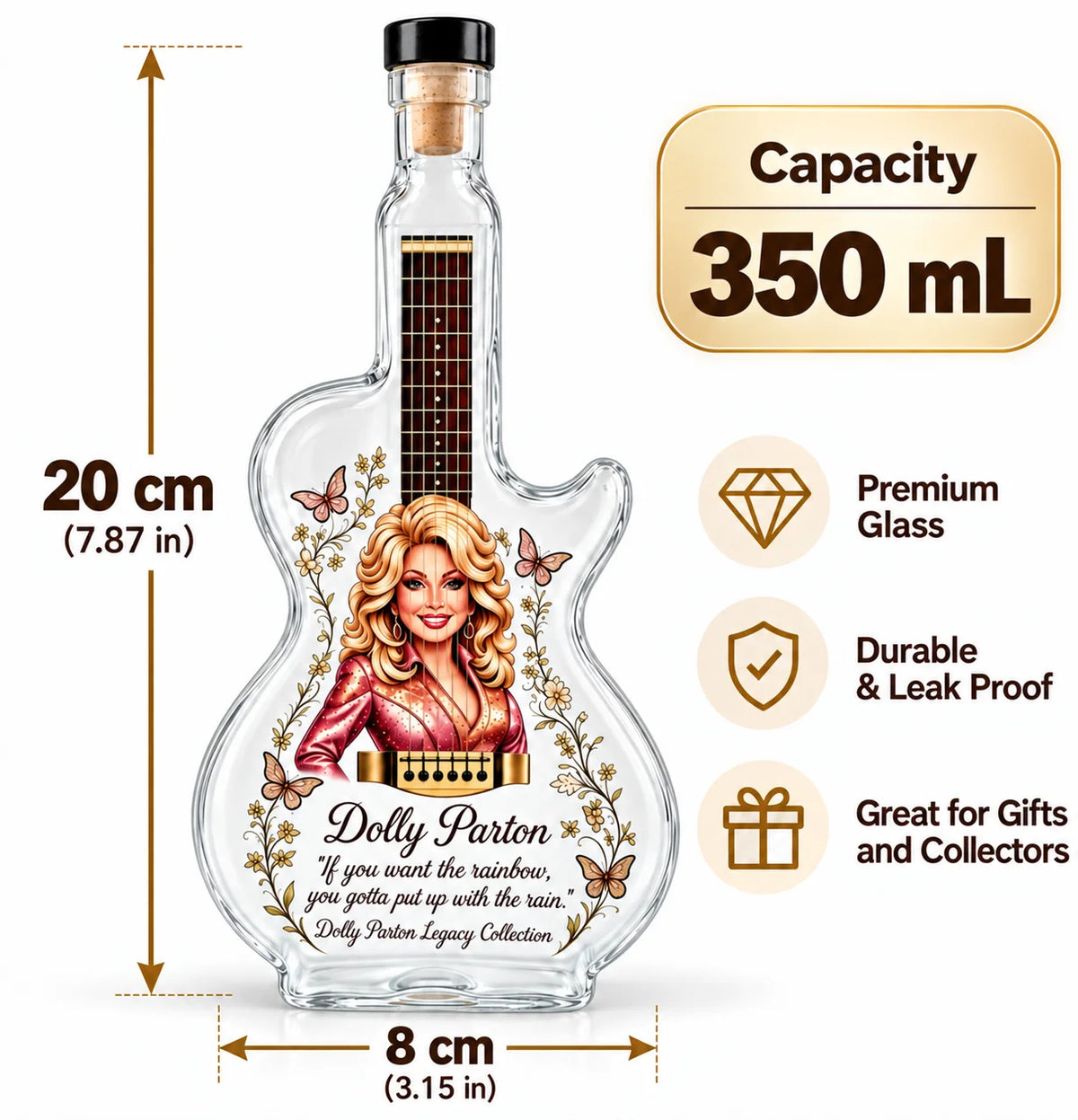 Dolly Parton Guitar Glass Liquor Decanter Whiskey Bottle Home Bar Decor Fan Collectible Gift