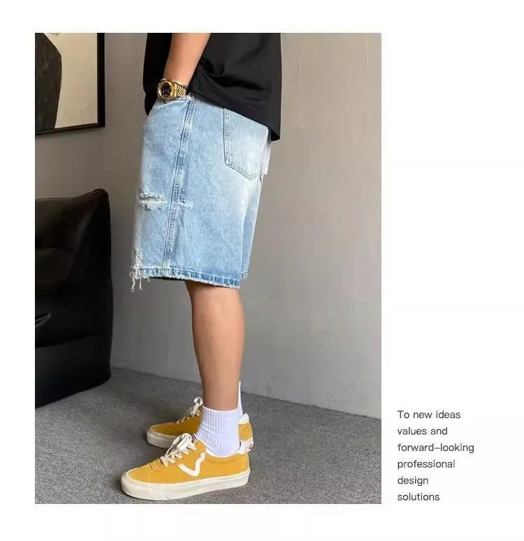 Fashion 2026 New Retro Personalized Ripped Denim Shorts Men's Summer Trendy Brand Ruffian Handsome Straight Baggy Medium Pants