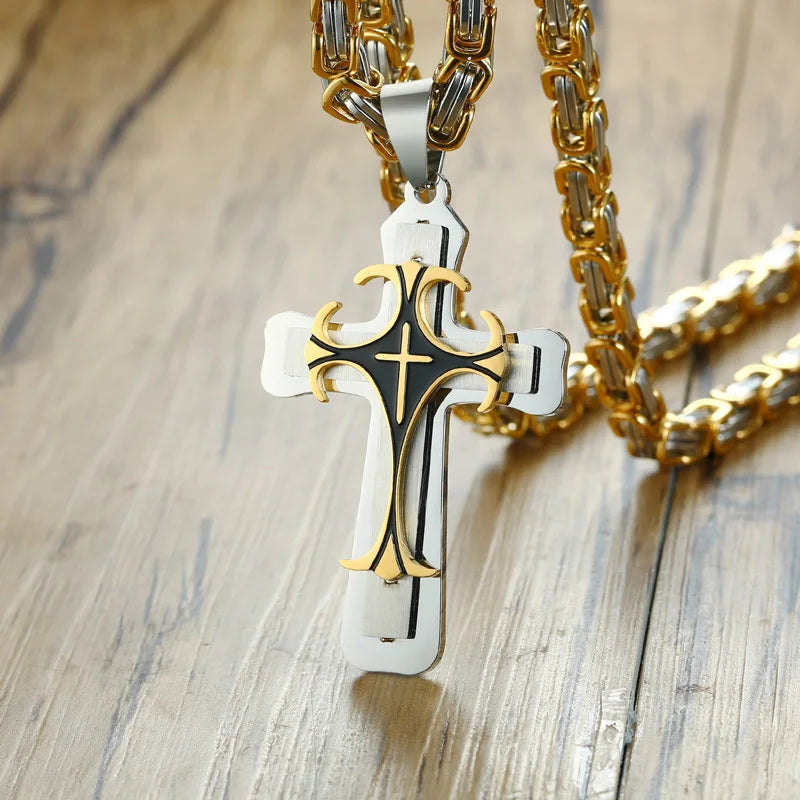 Rock Cross Necklace for Men,Gold Color Stainless Steel Stylish Byzantine Chain,Catholic Crucifix Pendant Collar Jewelry