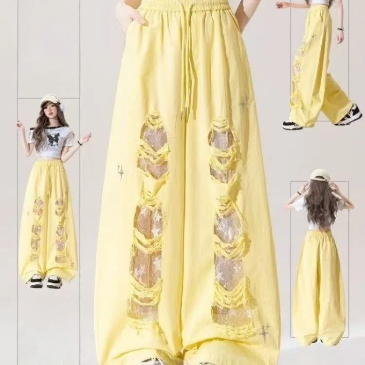 Milk yellow lace patchwork ripped jeans women's summer new high waisted drawstring star embroidered design wide leg pants