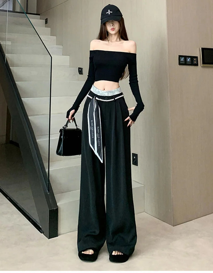PENDRA Lace Panel High Waist Wide Leg Suit Pants