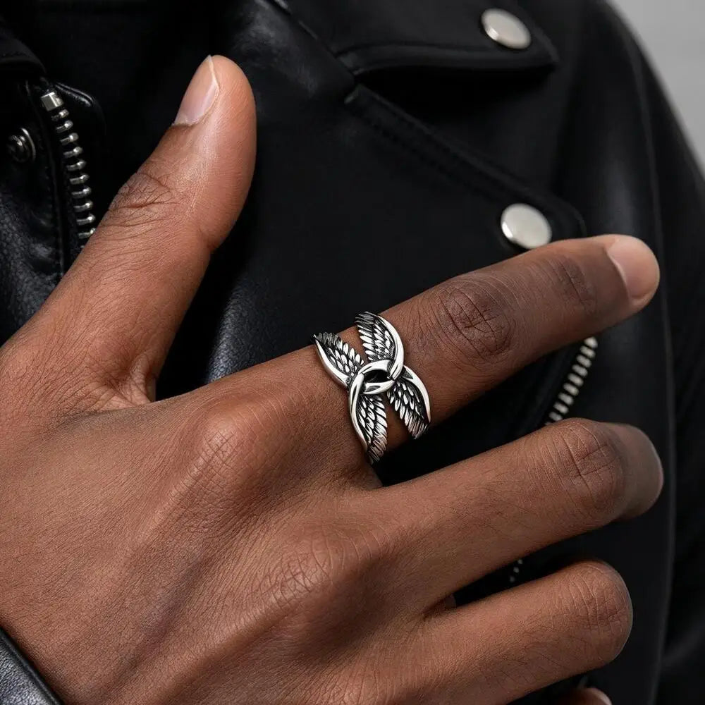 Punk Gothic Men Wings Ring,Stainless Steel Feather Band Statement Ring Signet Ring,Vintage Streetwear Trendy Jewelry Gift